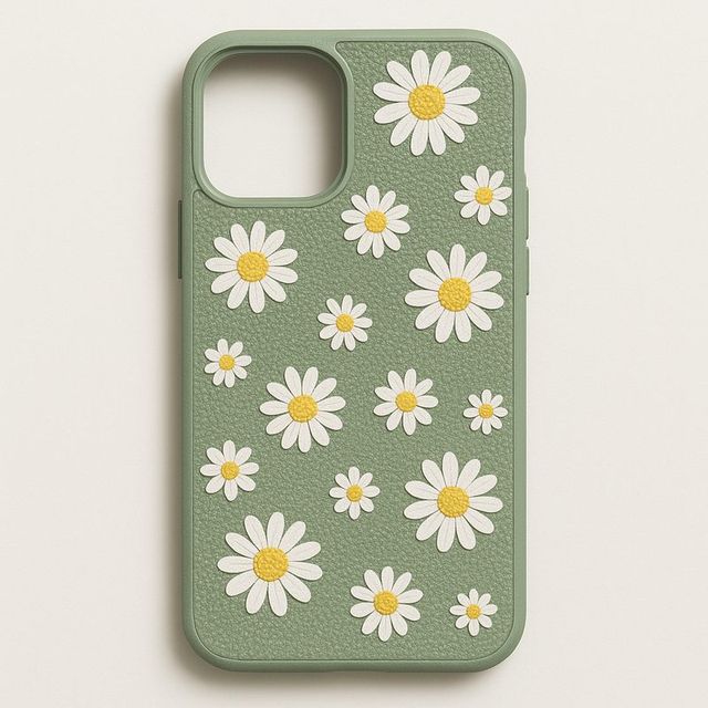 A sage green phone case scattered with white daisies