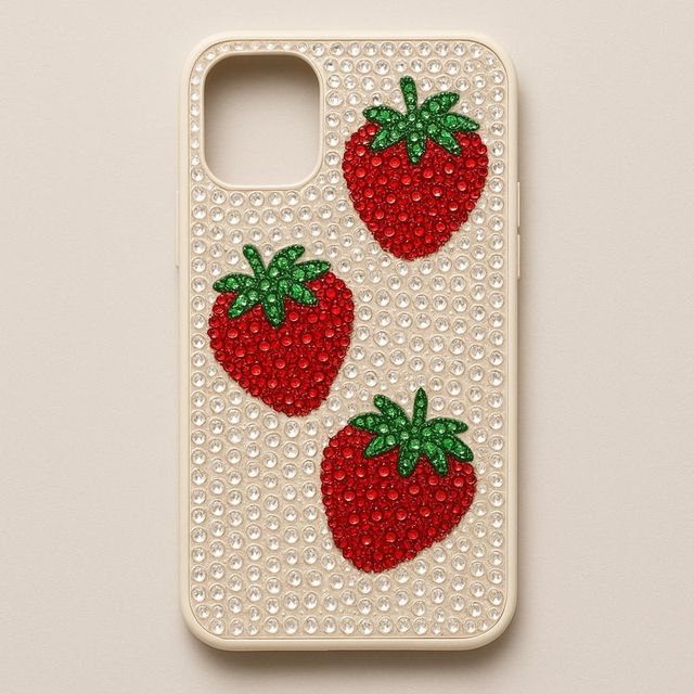 A cream phone case with three red gem strawberries