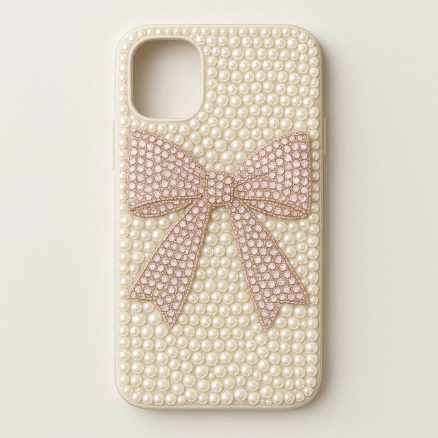 A pearl-white phone case with a pale pink ribbon bow