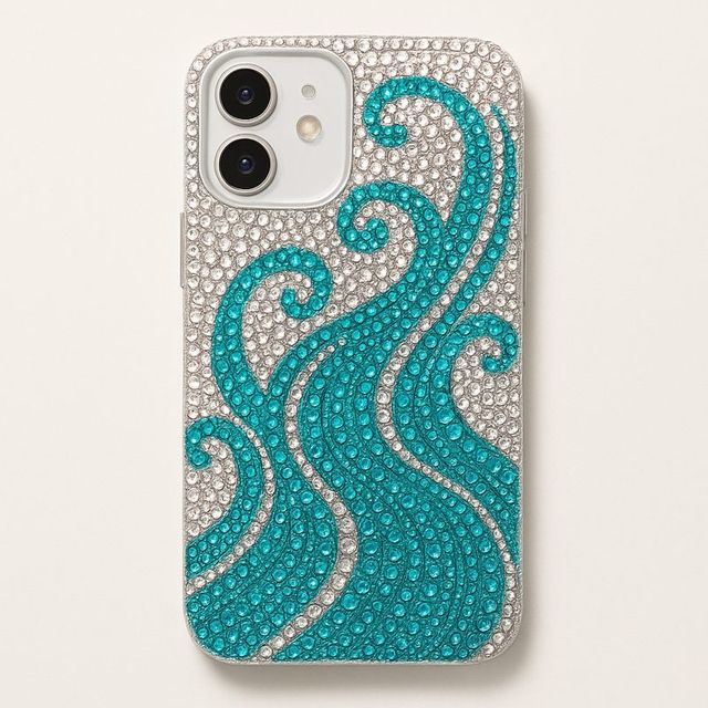 A white phone case with turquoise and silver wave swirls