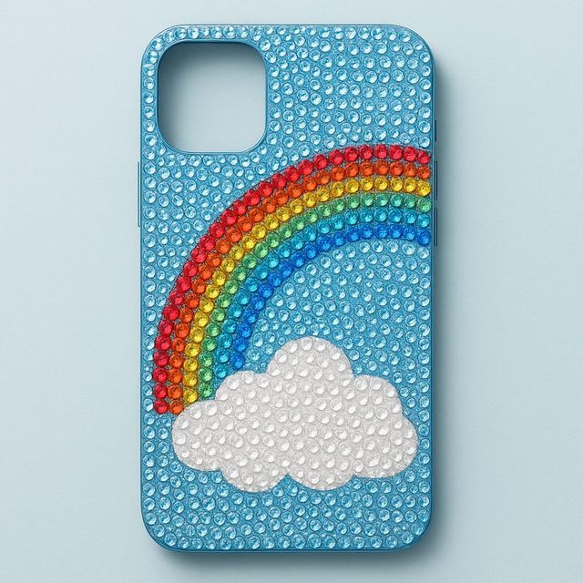 A pale blue phone case with a cloud and a rainbow