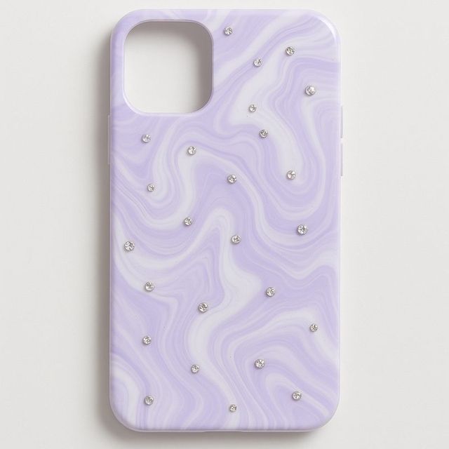 A phone case with a lavender, white and silver marble swirl