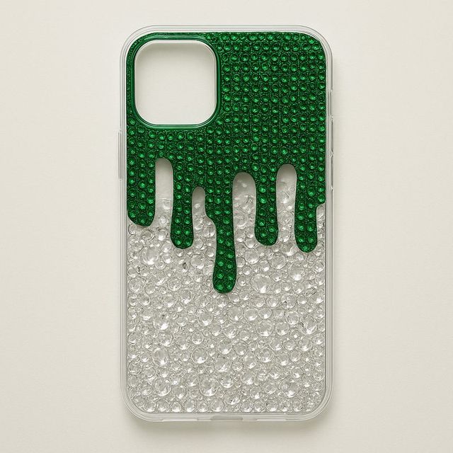 A phone case with emerald green gems dripping from the top edge