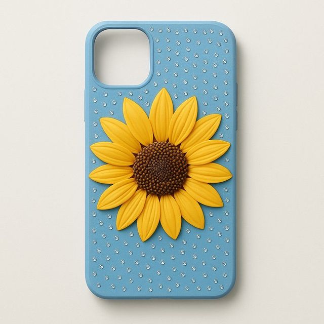 A sky blue phone case with one large sunflower