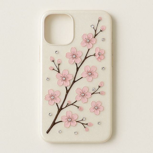 An ivory phone case with a pale pink cherry blossom branch