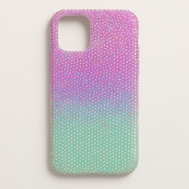 A phone case in an iridescent pink, violet and mint fade