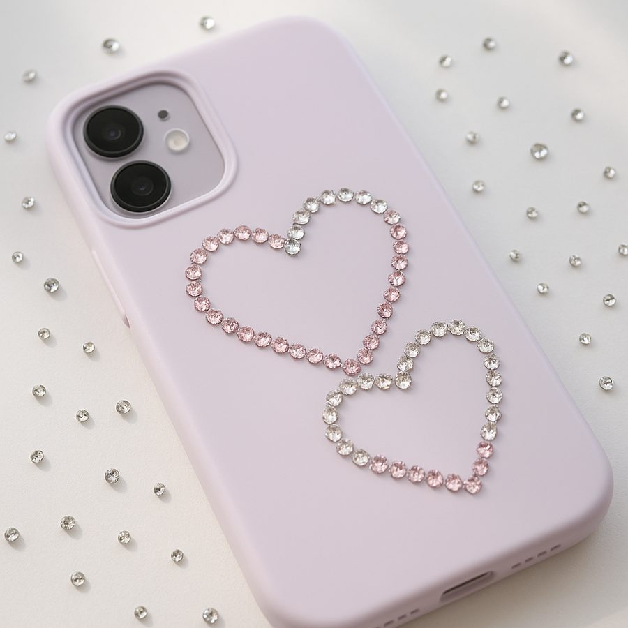 A pale lilac phone case with two hearts outlined in pink and clear gems