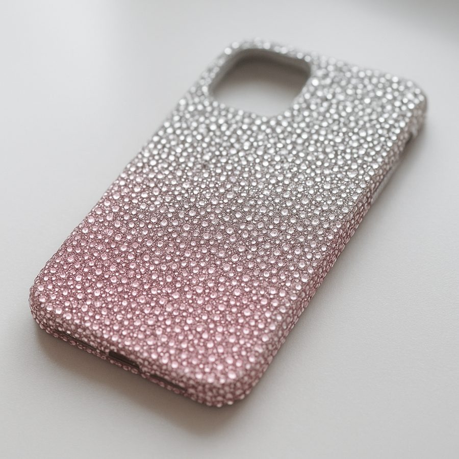 A phone case covered in pink and silver gems that fade from pink at one end to silver at the other