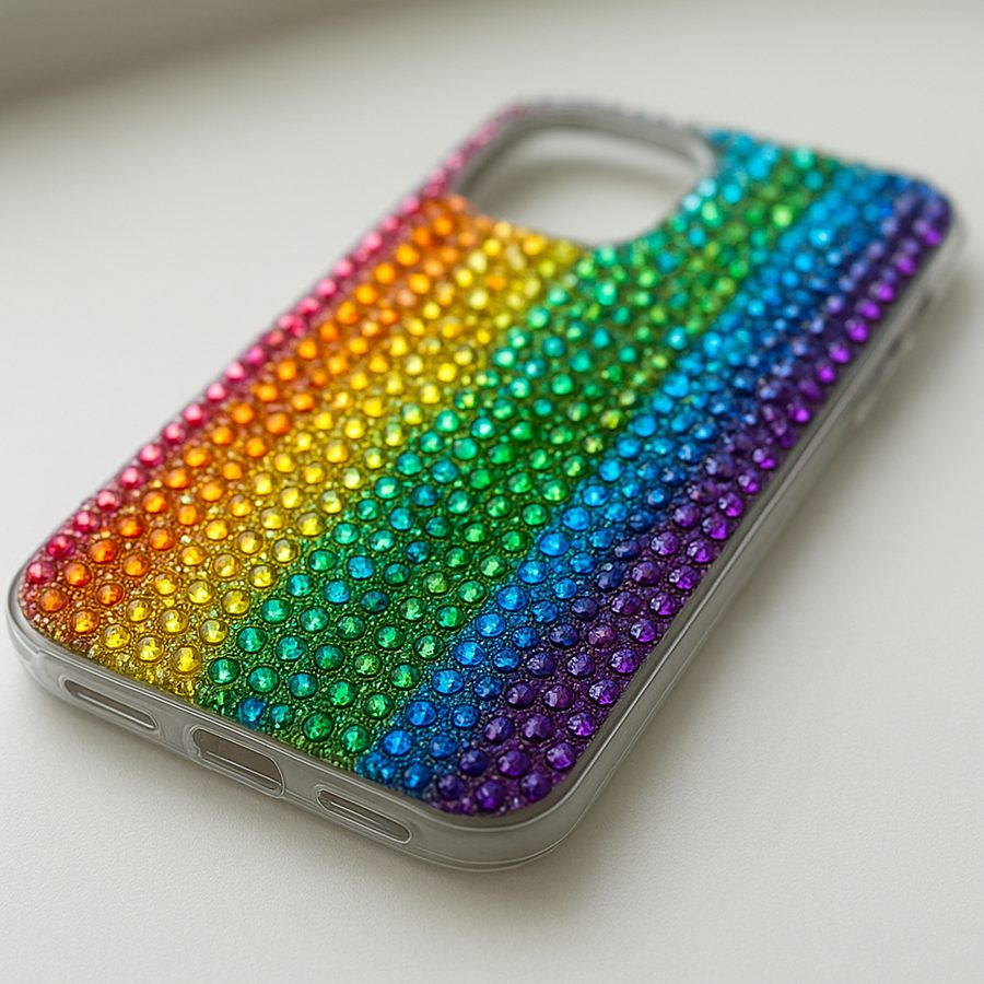 A phone case covered in gems in rainbow stripes