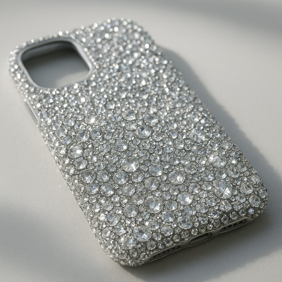A phone case covered in clear and silver crystal gems